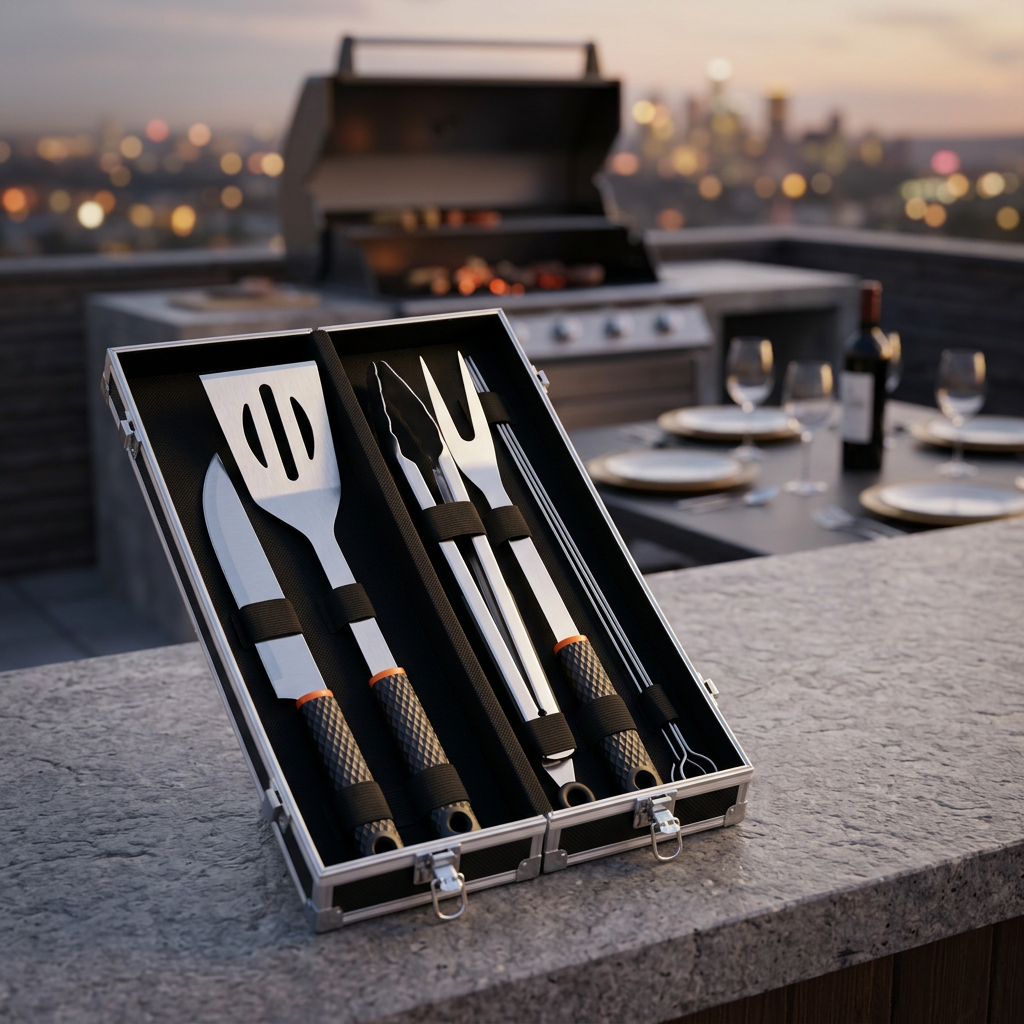Metal BBQ Tools Set with Carrying Box Silver & Black