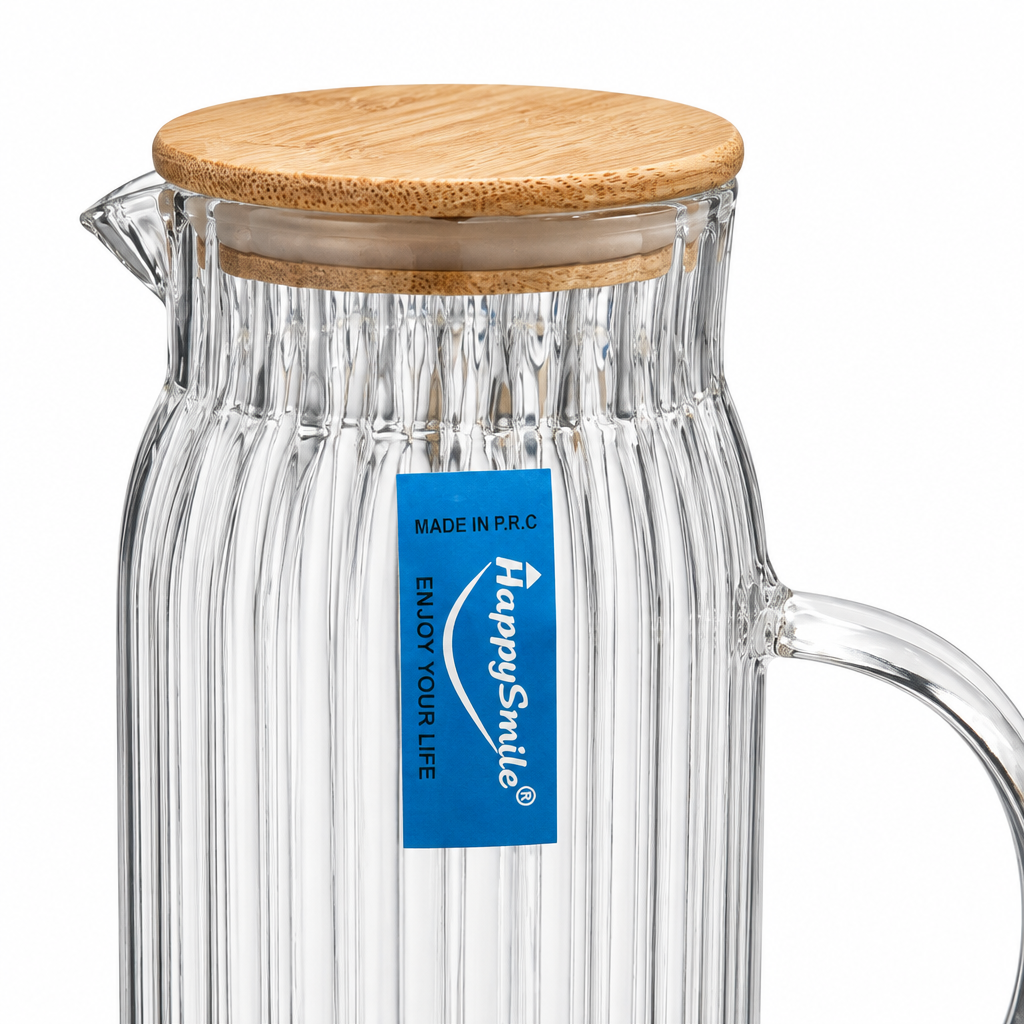 Happysmile Ribbed Glass Jug with Wooden Lid - 1 Litre