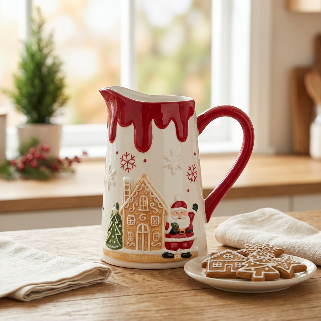 Ceramic Christmas Jug with Santa and Gingerbread House Design - 1 Litre