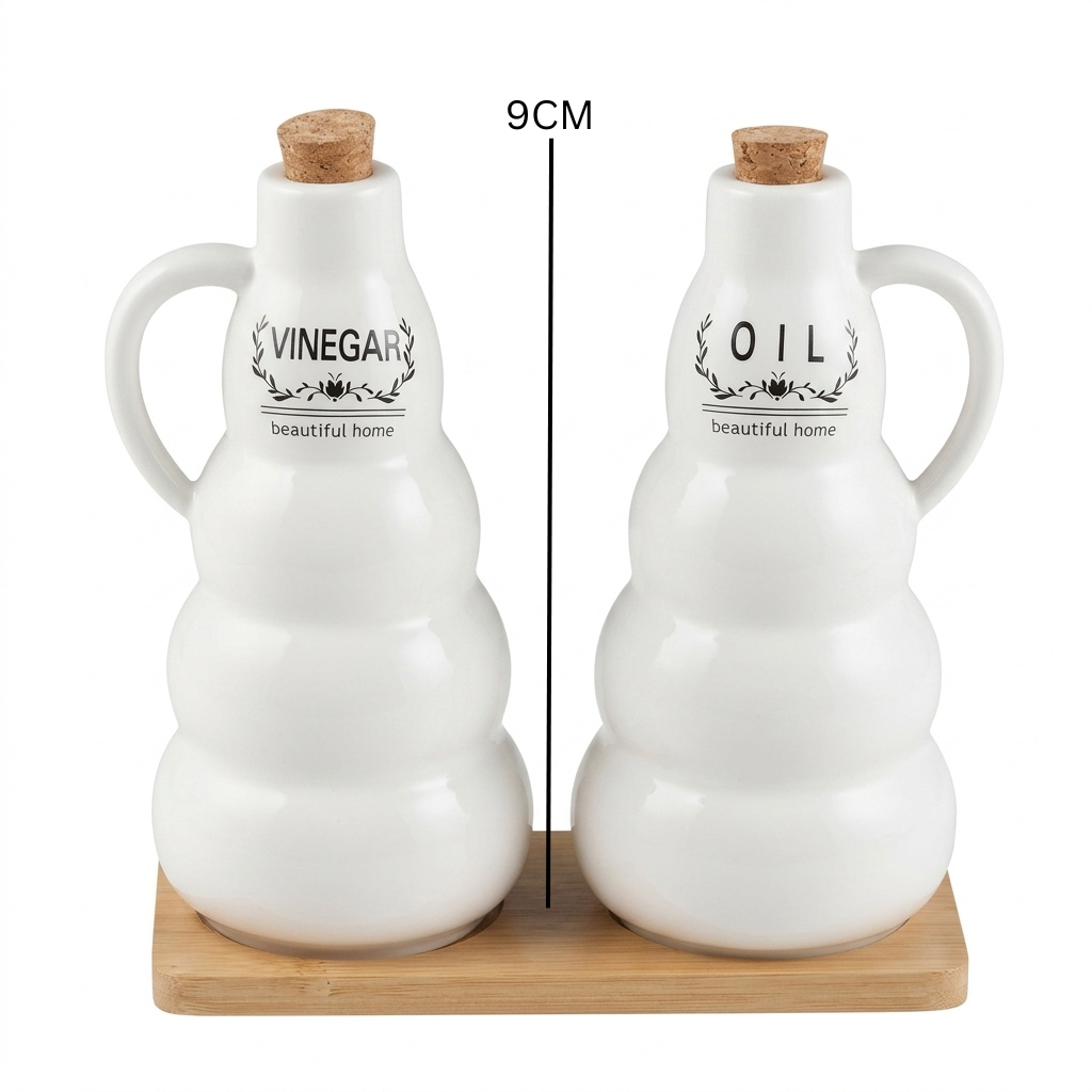 Ceramic Oil & Vinegar Bottle Set with Bamboo Tray 19cm