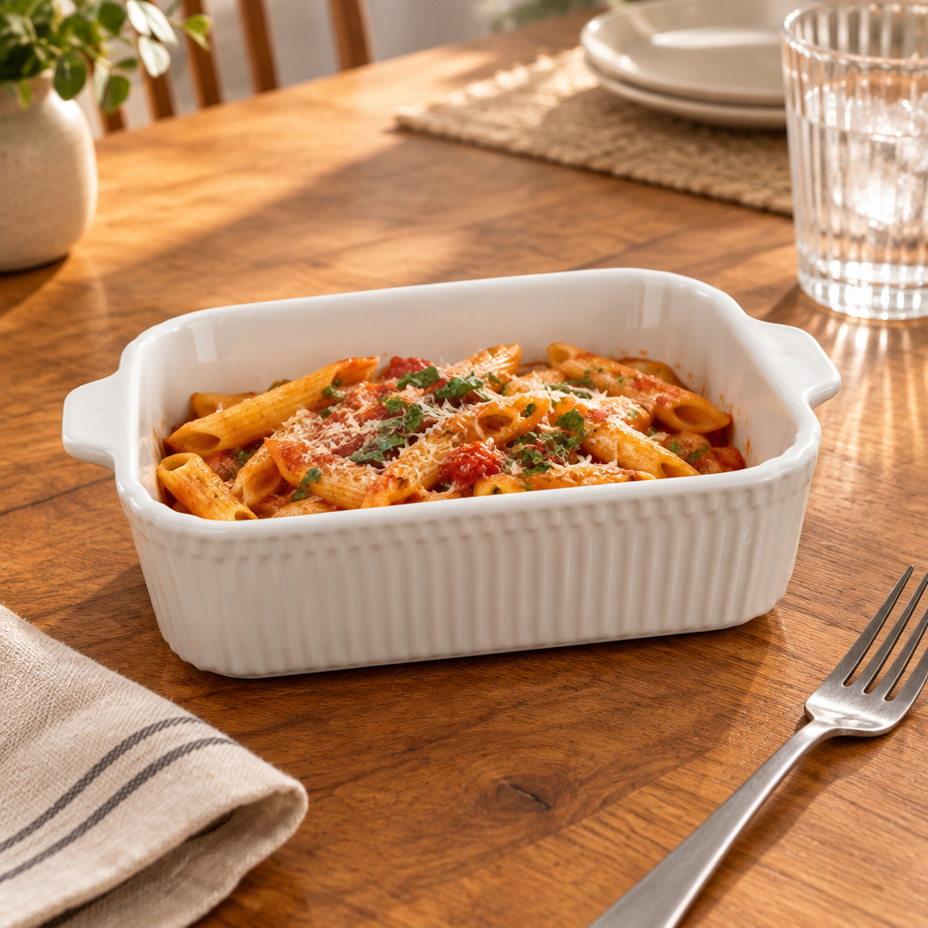Ceramic Baking Dish with Ribbed Sides & Handles – 20×14cm