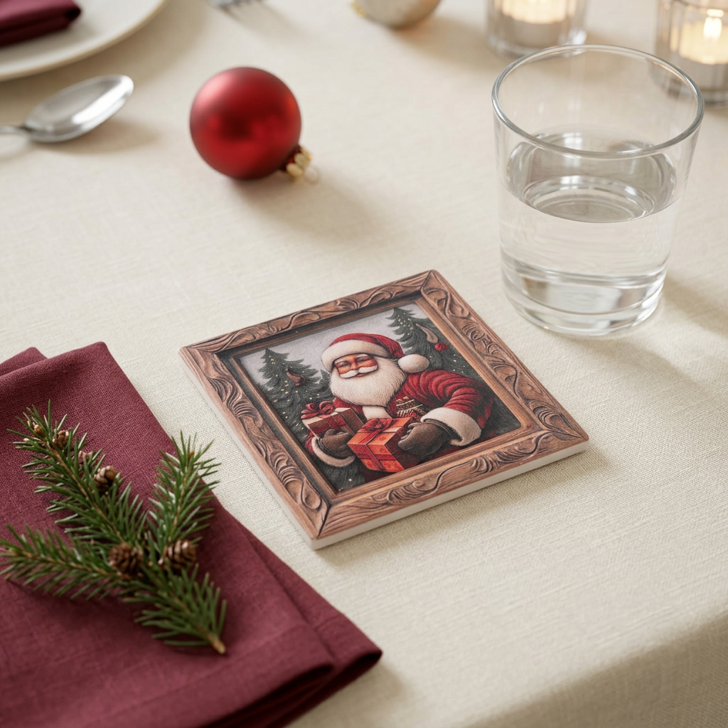 Ceramic-Coated Square Christmas Coaster with Santa Design - 11cm