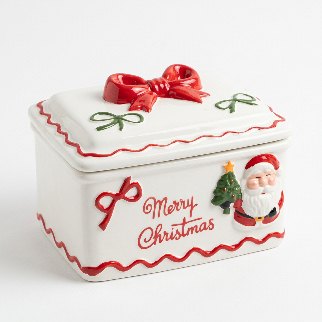 Ceramic Christmas Candy Box with Bow Lid - 15×12cm