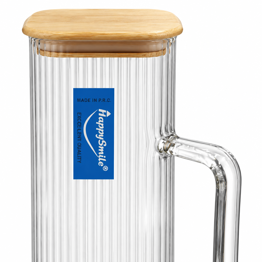 Happysmile Ribbed Glass Jug with Wooden Lid - 1 Litre