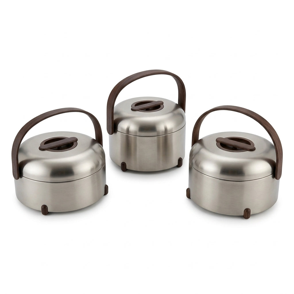 Almarjan 3-Piece Hot Pot Set, 2.5, 3.5 & 4.5 Litres – Matt Nickel with Dark Wood