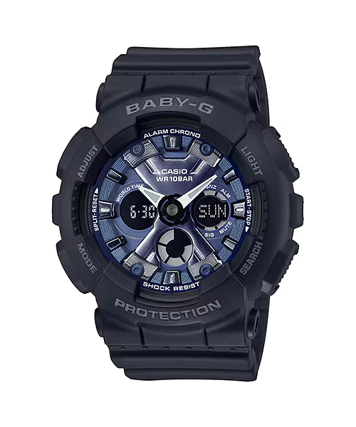 Casio Baby-G BA-130-1A2 watch with a matte black resin band and metallic blue detail