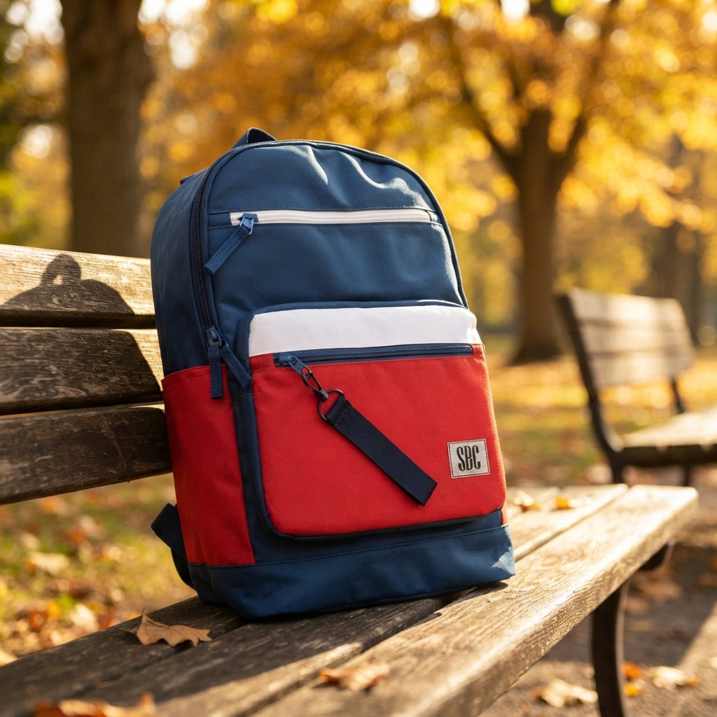 SBC Luxury 4-in-1 School Backpack Set 17" – Navy Blue & Red (Backpack + Lunch Bag + Water Bottle + Pencil Case)