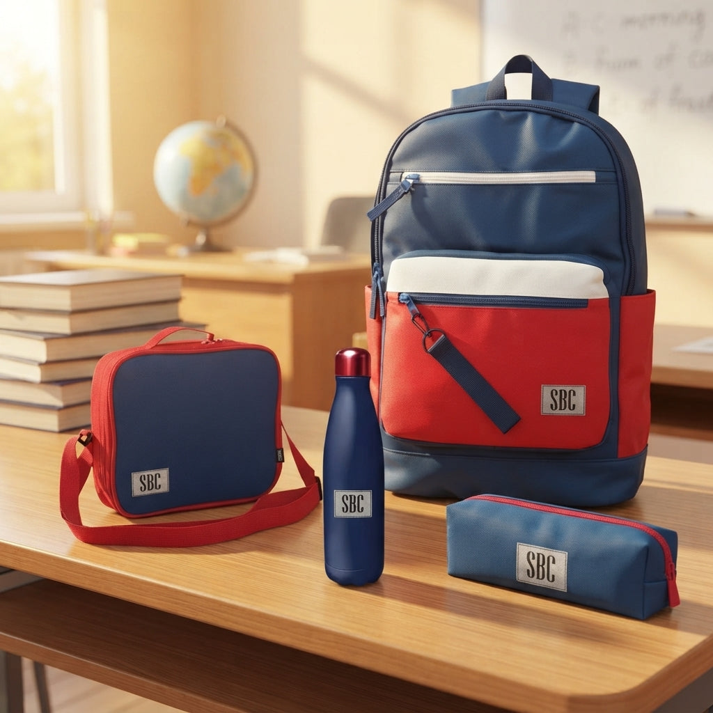SBC Luxury 4-in-1 School Backpack Set 17" – Navy Blue & Red (Backpack + Lunch Bag + Water Bottle + Pencil Case)