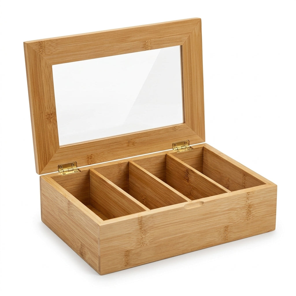 Danny Home Bamboo Tea Bag Organizer with Clear Lid, 4 Compartments, 30 × 20 × 8 cm