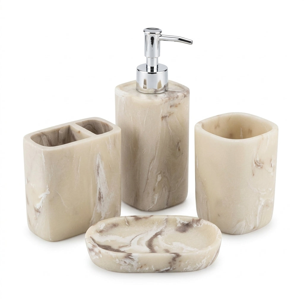 Iisdoo 4-Piece Resin Bathroom Accessories Set, White & Marble-Effect