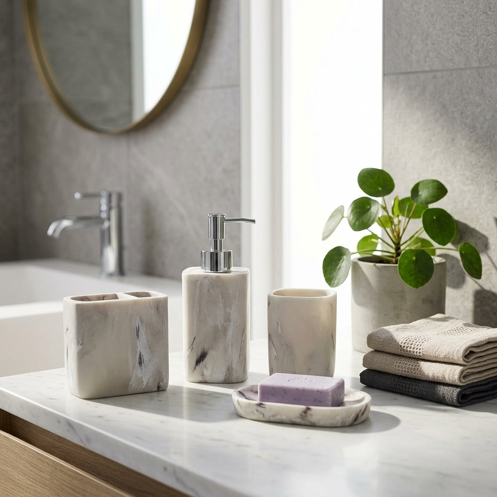 Iisdoo 4-Piece Resin Bathroom Accessories Set, White & Marble-Effect
