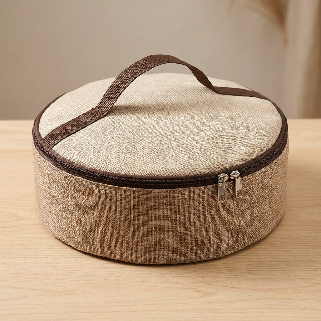 Round Zippered Storage Bag with Carry Handle, Beige, 38 × 12 cm