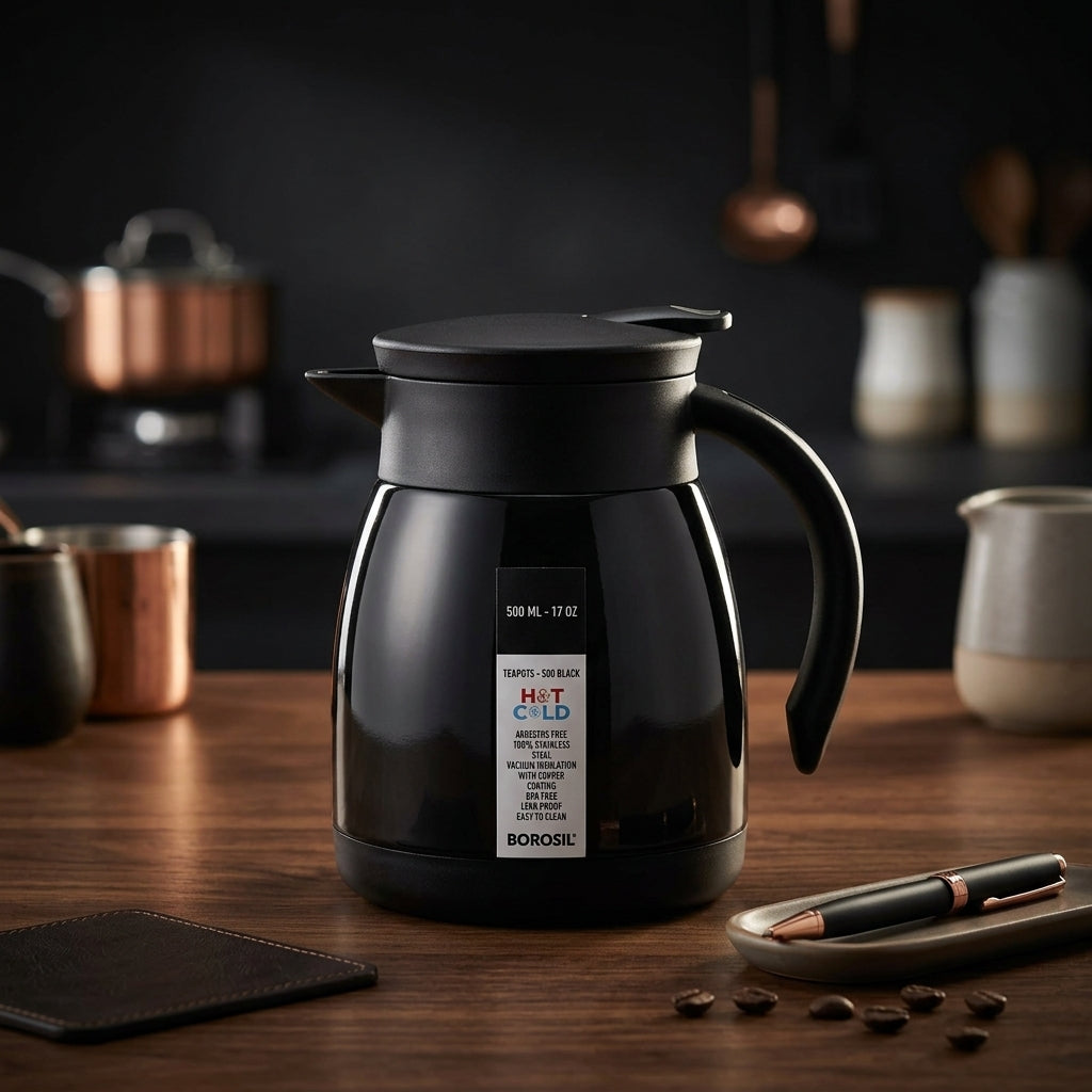 Borosil Insulated Stainless Steel Vacuum Flask Carafe, 500 ml, Black