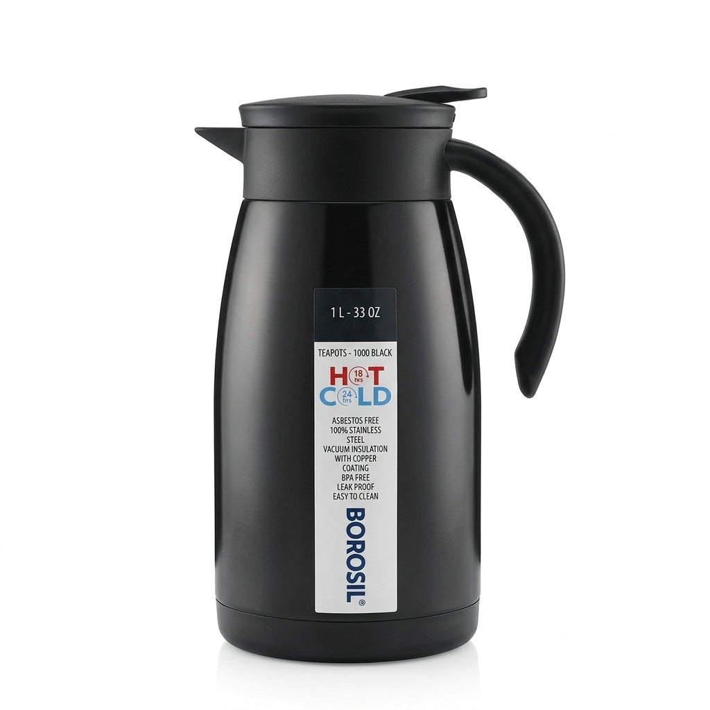 Borosil Insulated Stainless Steel Vacuum Flask Carafe, 1000 ml, Black