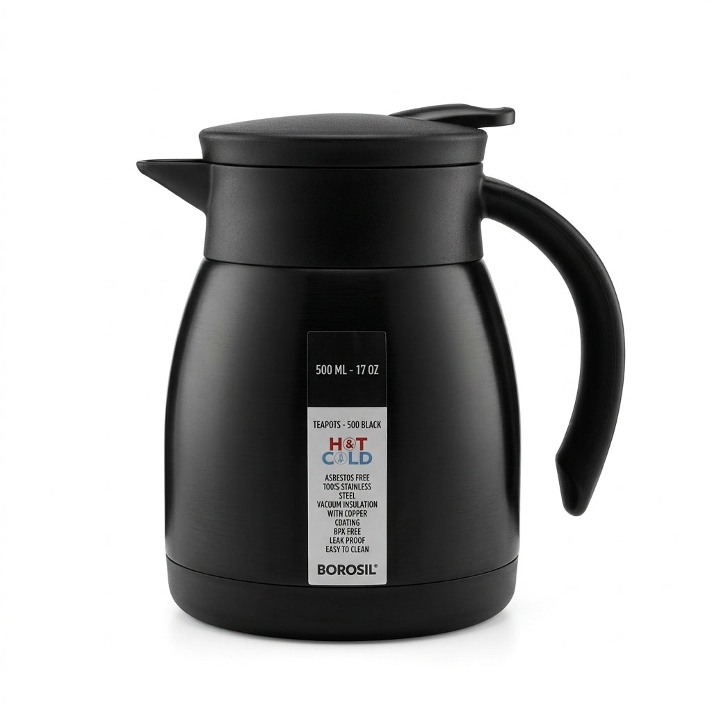 Borosil Insulated Stainless Steel Vacuum Flask Carafe, 500 ml, Black