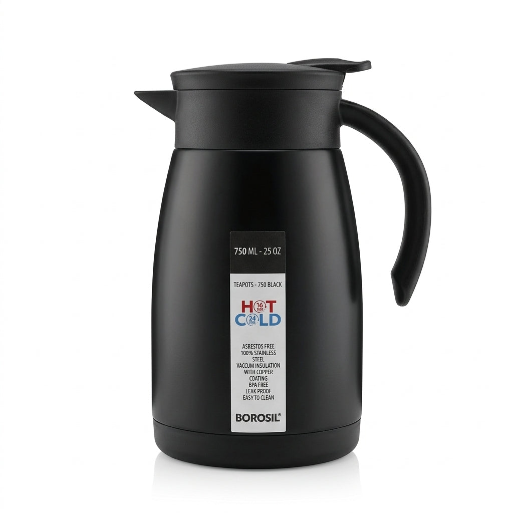 Borosil Insulated Stainless Steel Vacuum Flask Carafe, 750 ml, Black
