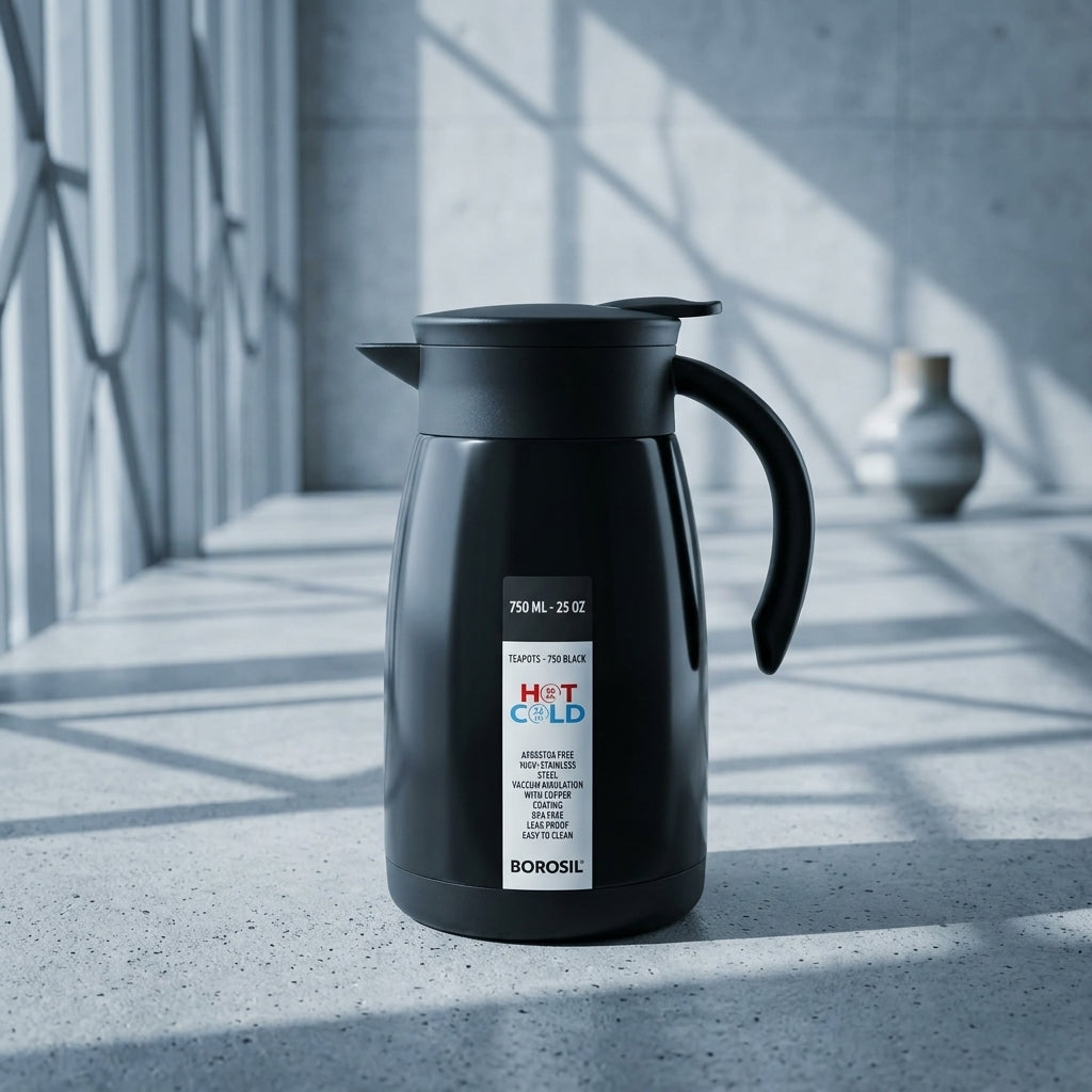 Borosil Insulated Stainless Steel Vacuum Flask Carafe, 750 ml, Black