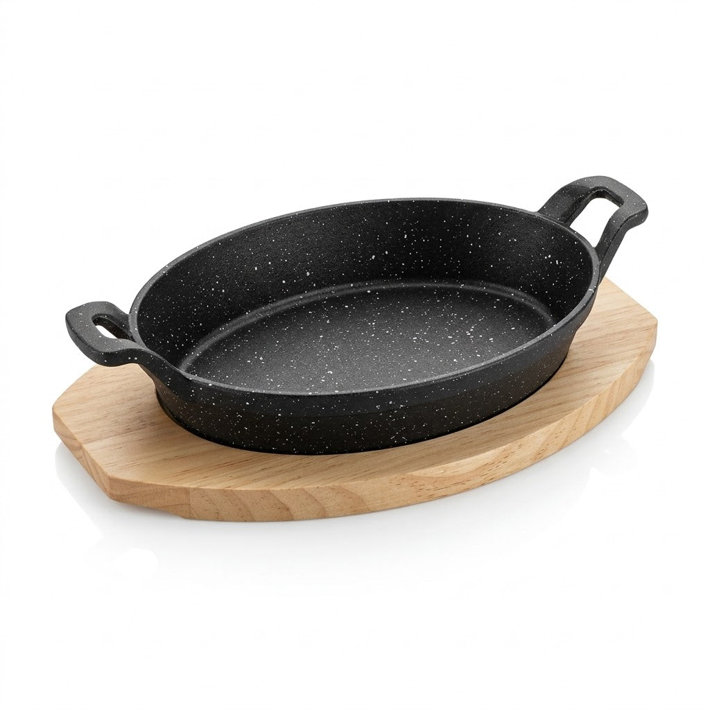 Cast Iron Oval Sizzling Pan with Wooden Base – 23 × 15 cm