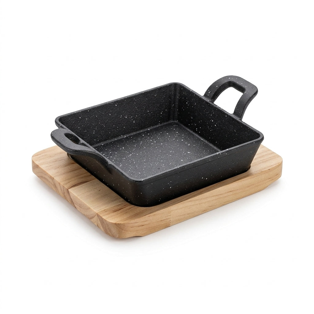 Cast Iron Square Sizzling Pan with Wooden Base – Black, 12.5 cm