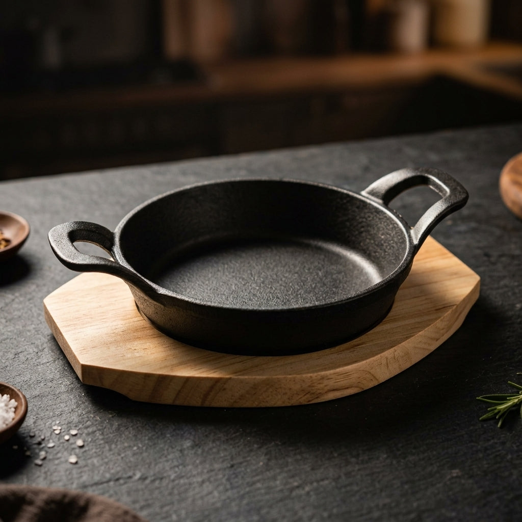 Vague Cast Iron Sizzling Pan with Wooden Base – Black, 16 × 3.8 cm