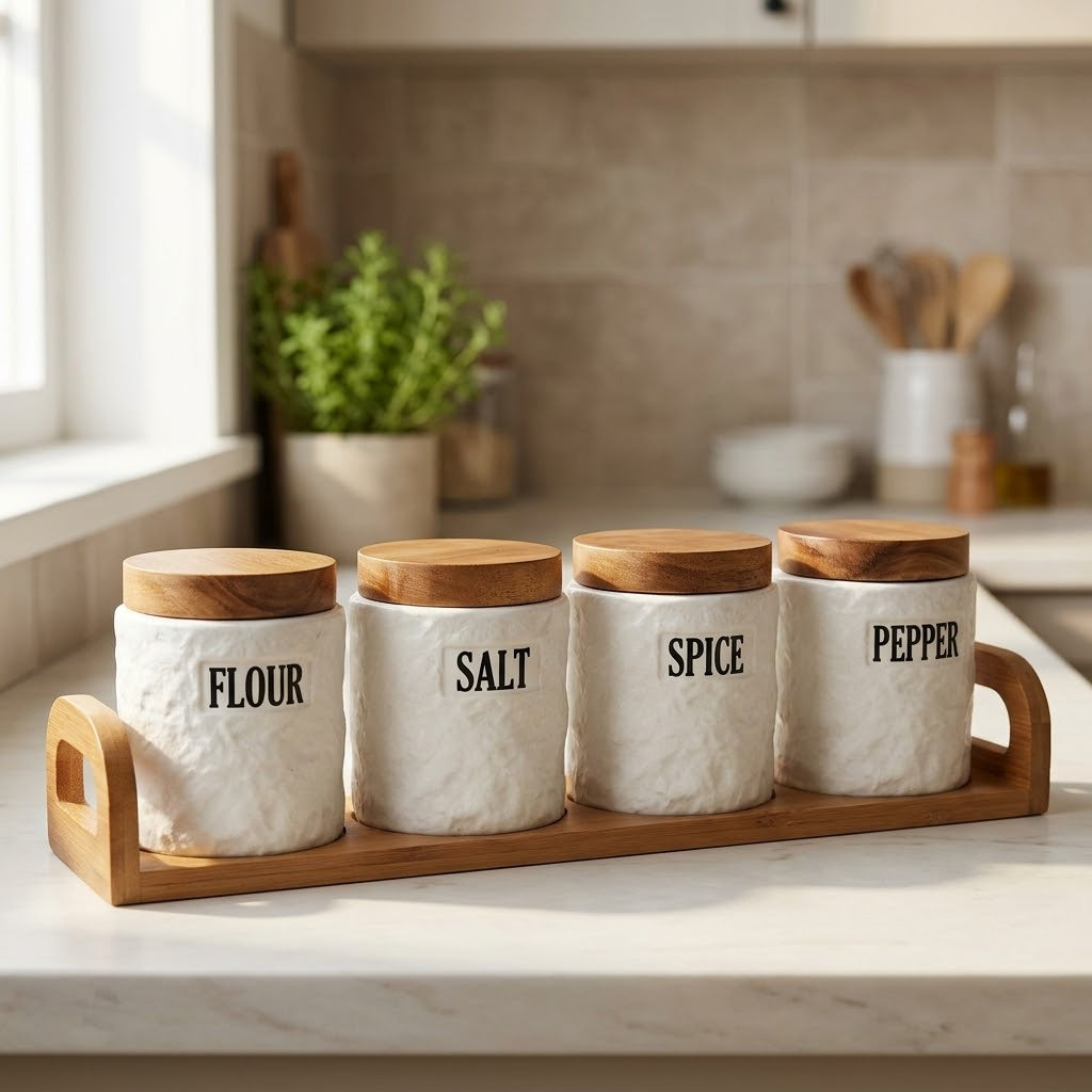 4-Piece White Ceramic Kitchen Storage Jar Set with Lids & Tray – 400 ml Each