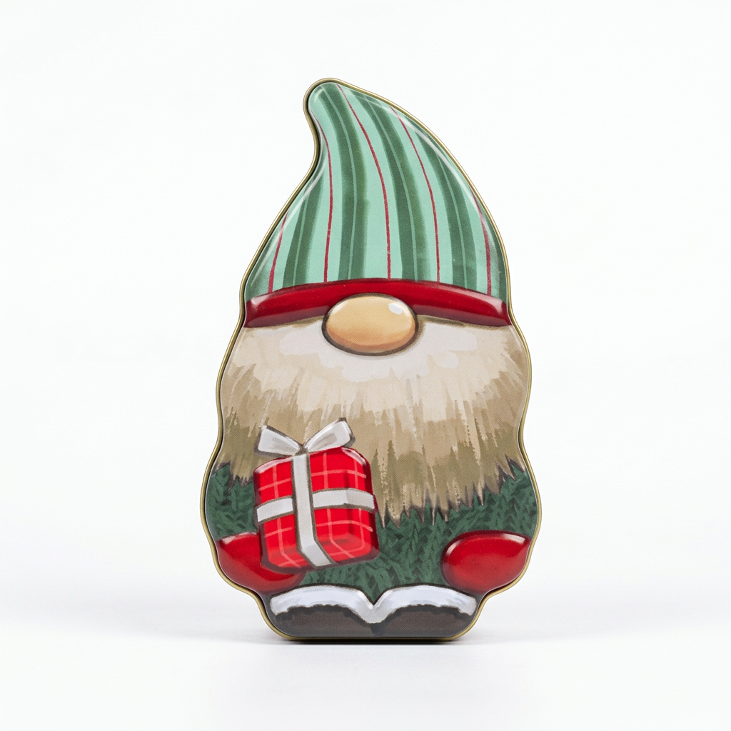Christmas Gnome Metal Candy Box – Green & Red, 15 × 8 cm