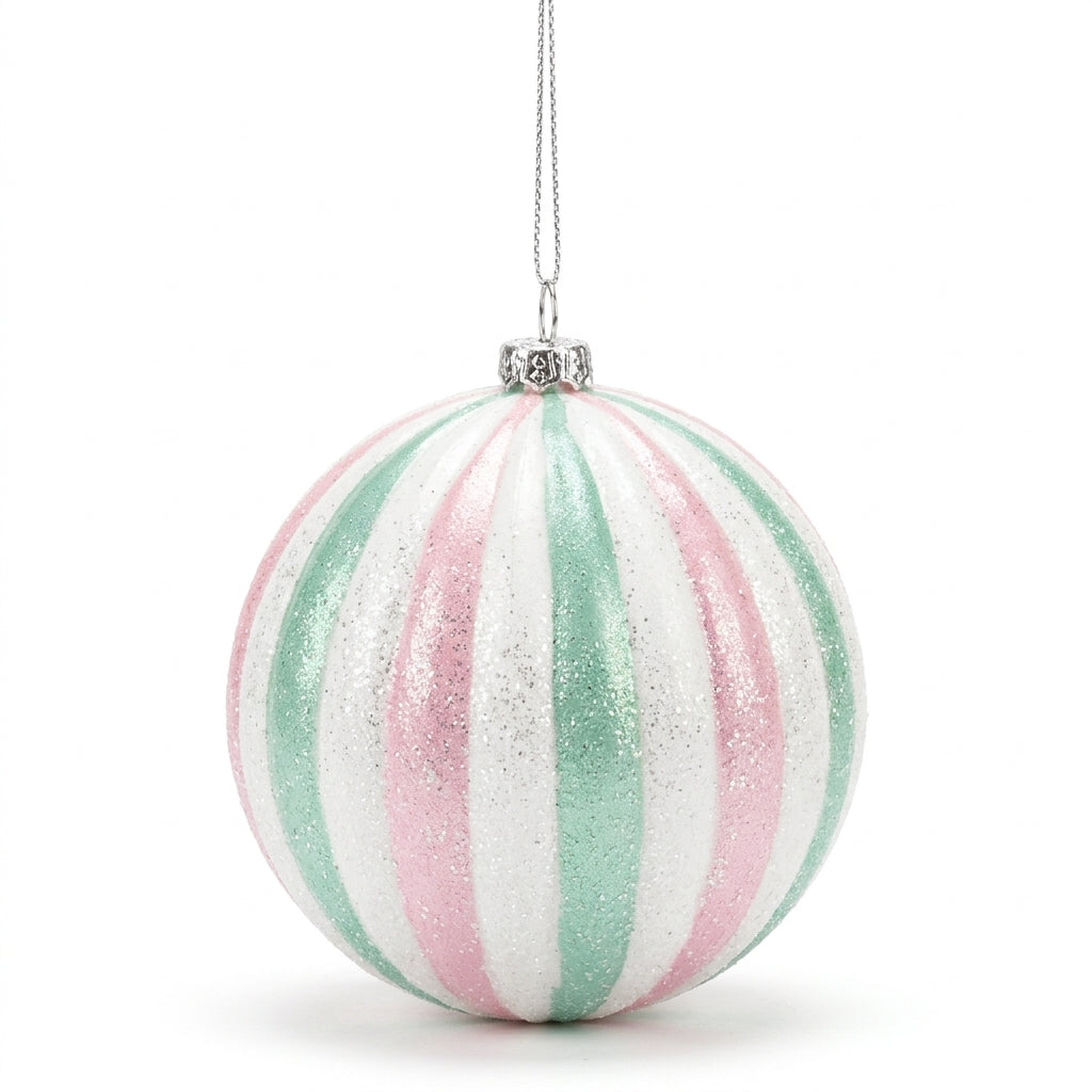 Christmas Plastic Hanging Bauble Decoration – Pink, Mint Green & White, 10 cm