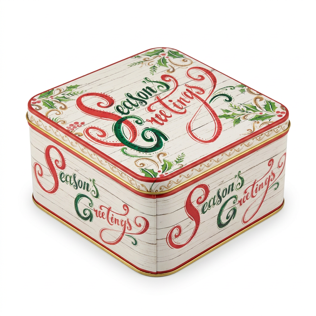 Christmas Square Metal Candy Box with Lid - 15×15cm