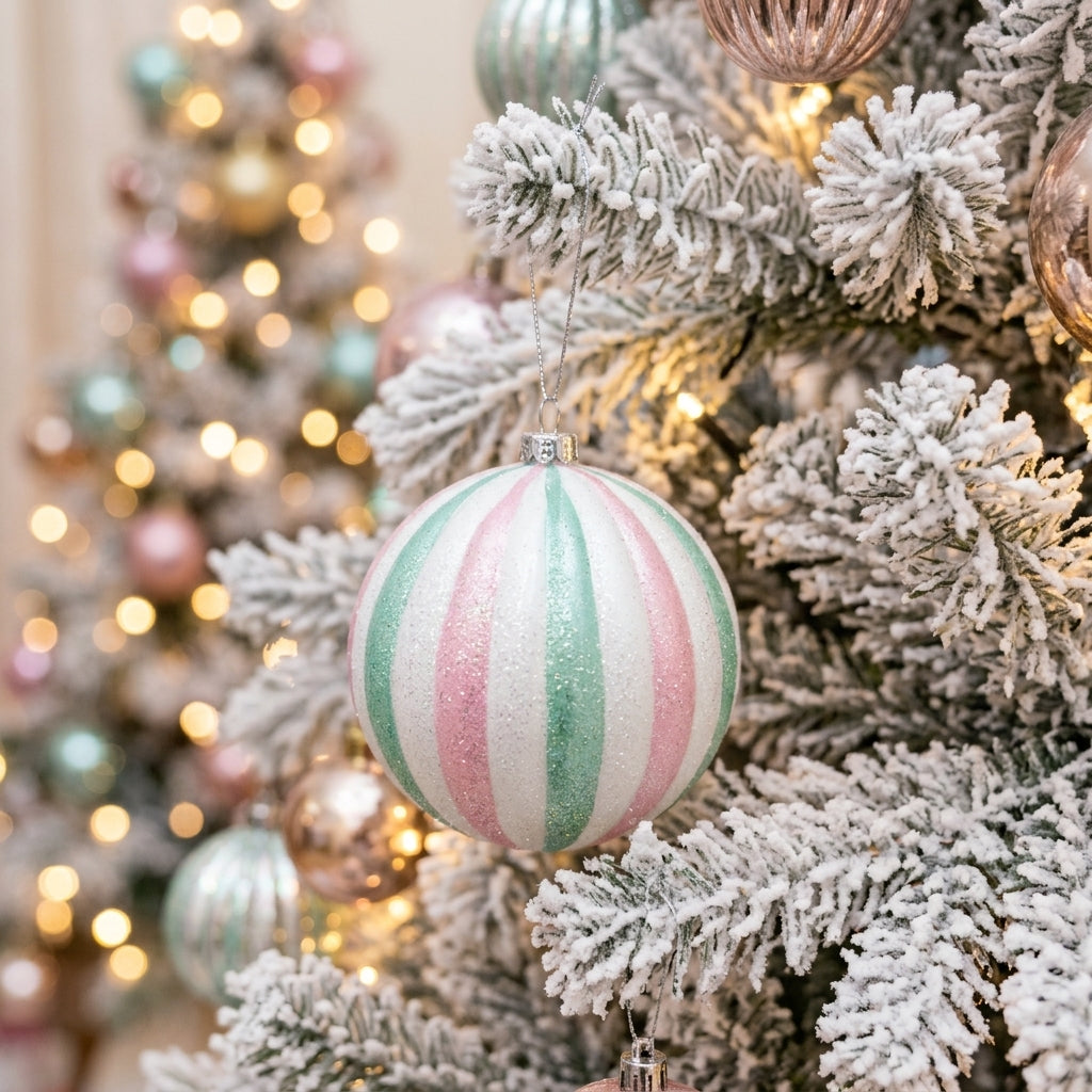 Christmas Plastic Hanging Bauble Decoration – Pink, Mint Green & White, 10 cm