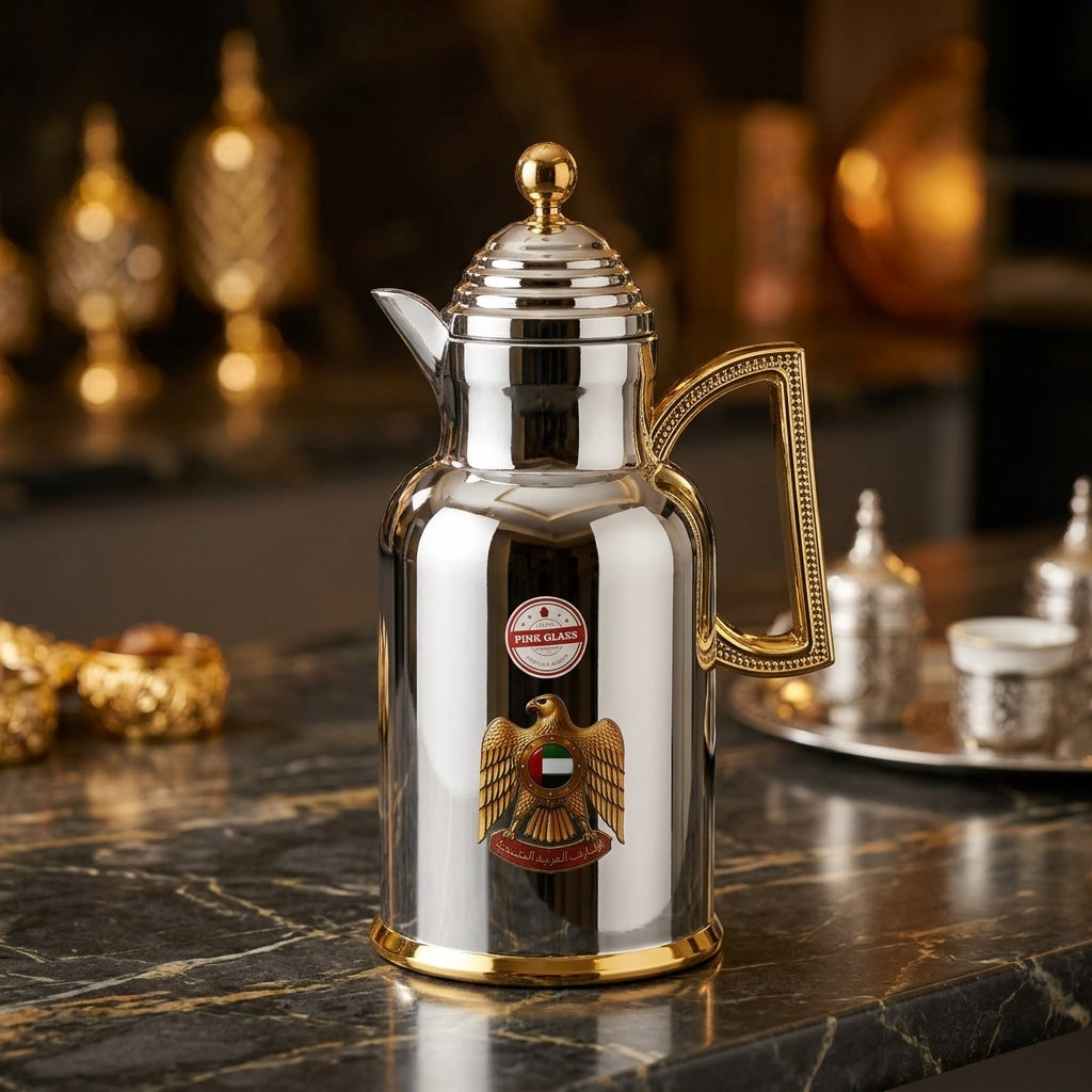 Redhome 1 Litre Vacuum Flask – Chrome with Gold Accents and UAE Emblem