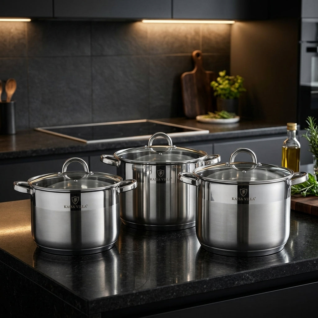 طقم أواني طهي من الستانلس ستيل من كايسا فيلا مكون من 6 قطع مع أغطية، 13 و16 و19 لتر – فضي