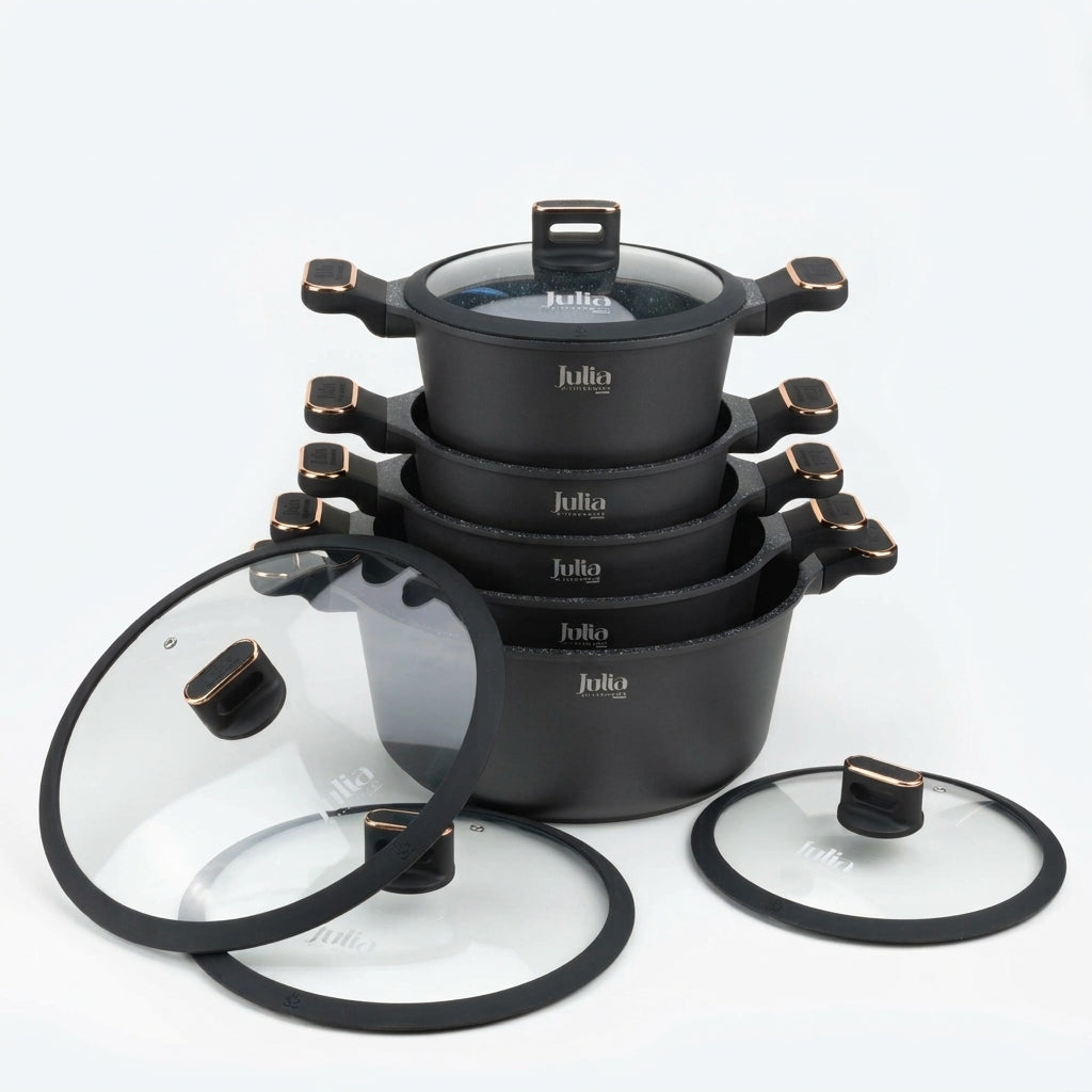 Julia Elite Pro Plus Cookware Set 8 Pcs with Lids - Black - Black Granite Non-Stick - Induction Ready