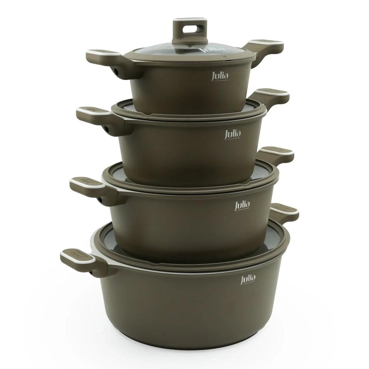 Julia Cookware Set 8-Piece – Matte Brown Finish - Non-Stick Durable Casserole Pots with Glass Lids for Everyday Cooking