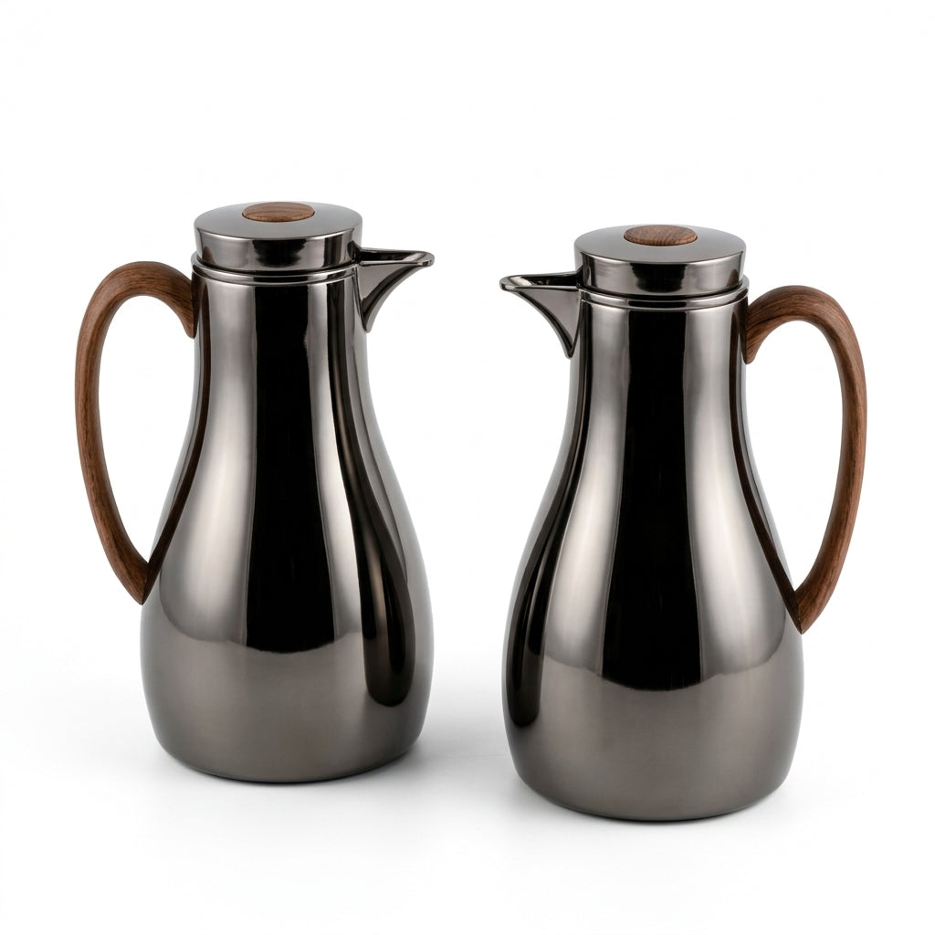 Athba Vacuum Flask Set, 1+1 Litre – Black Nickel with Wood-Effect Handles, 2 Pieces
