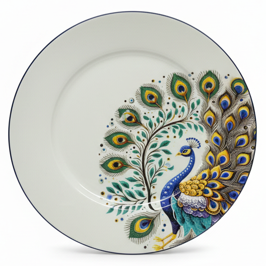 "Decorative ceramic plate with intricate peacock design featuring vibrant blue, green and gold feathers on white background"
