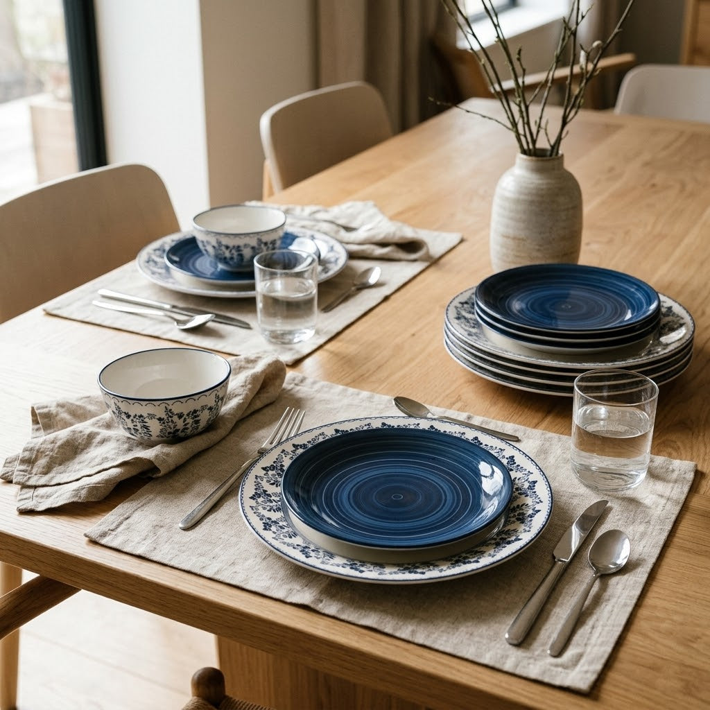 Shallow 18-Piece Porcelain Dinner Set – Blue & White