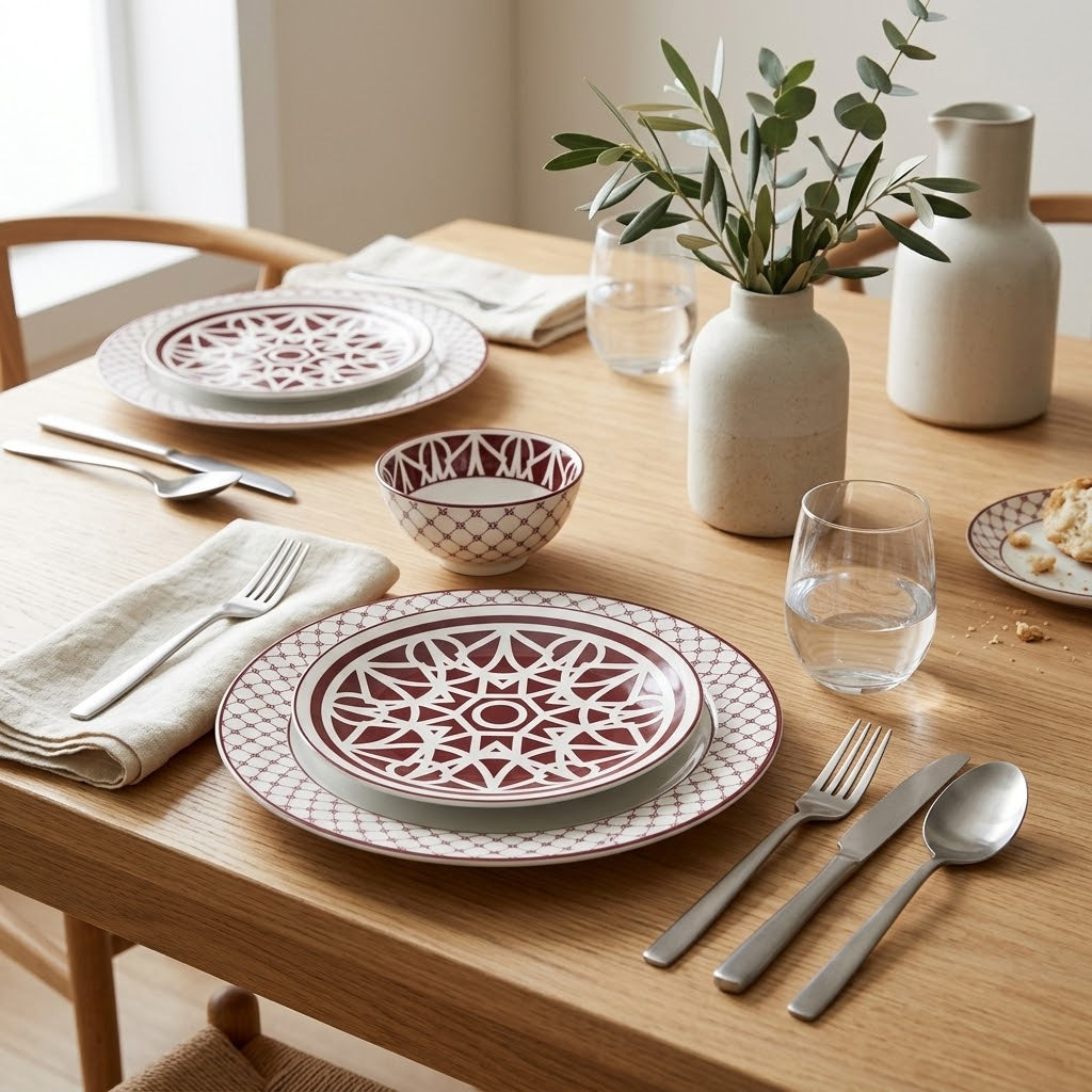Shallow 12-Piece Porcelain Dinner Set – Burgundy & White
