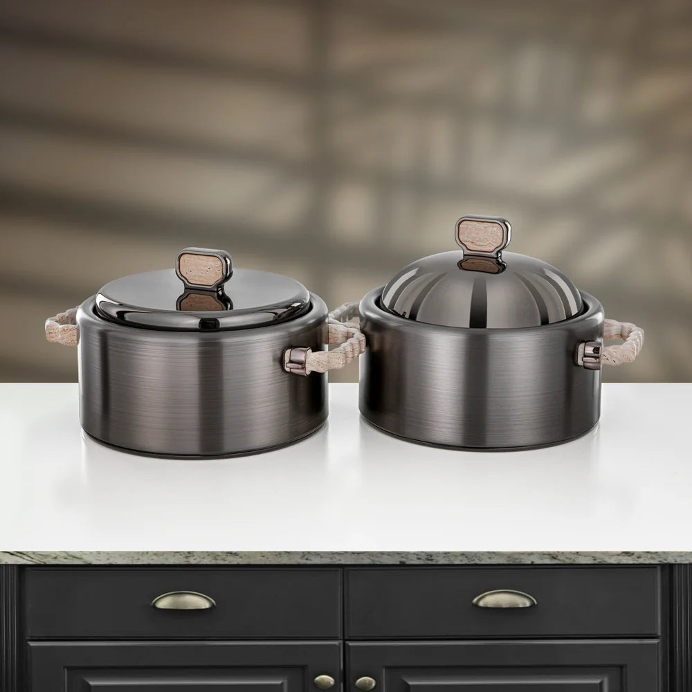 Almarjan 2 Pieces Hot Pot Set, Brushed Matt Gun Black & Travertine Marble