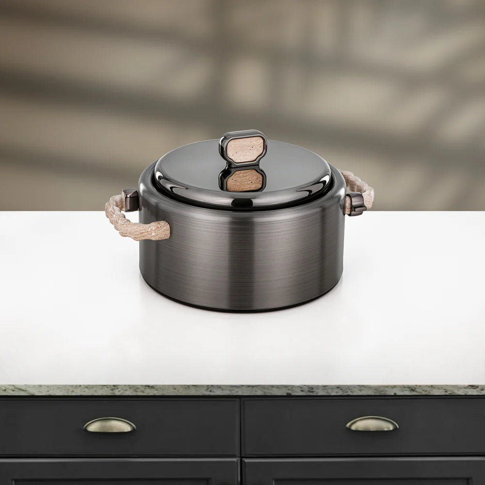 Almarjan 2 Pieces Hot Pot Set, Brushed Matt Gun Black & Travertine Marble