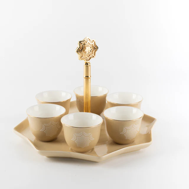 Otantik Octara - Arabic Coffee Cups With Holder - Porcelain- Ivory & Gold