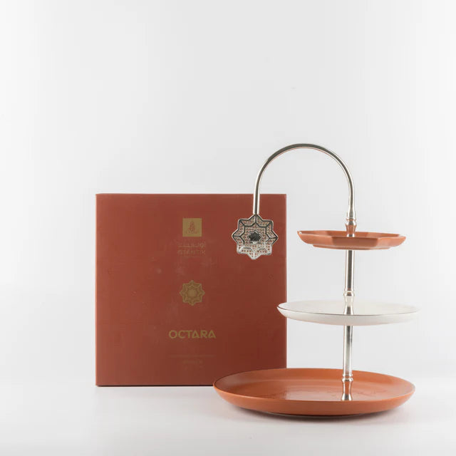 Otantik Octara - 3 Tier Cake Stand - Porcelain - Orange & Silver 11"*10"