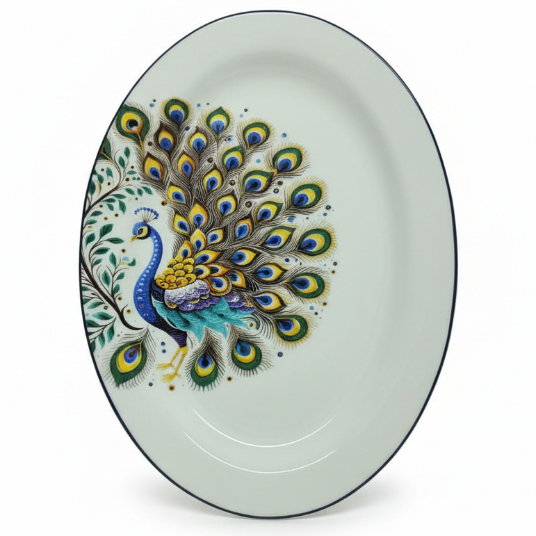 "Elegant oval serving platter with intricate peacock design featuring blue, green, and gold feather motifs on white porcelain with blue rim"