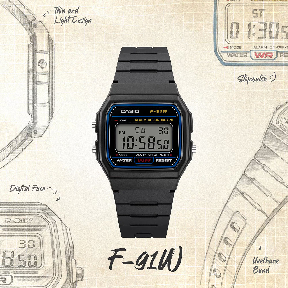 Casio F-91W digital watch in black resin