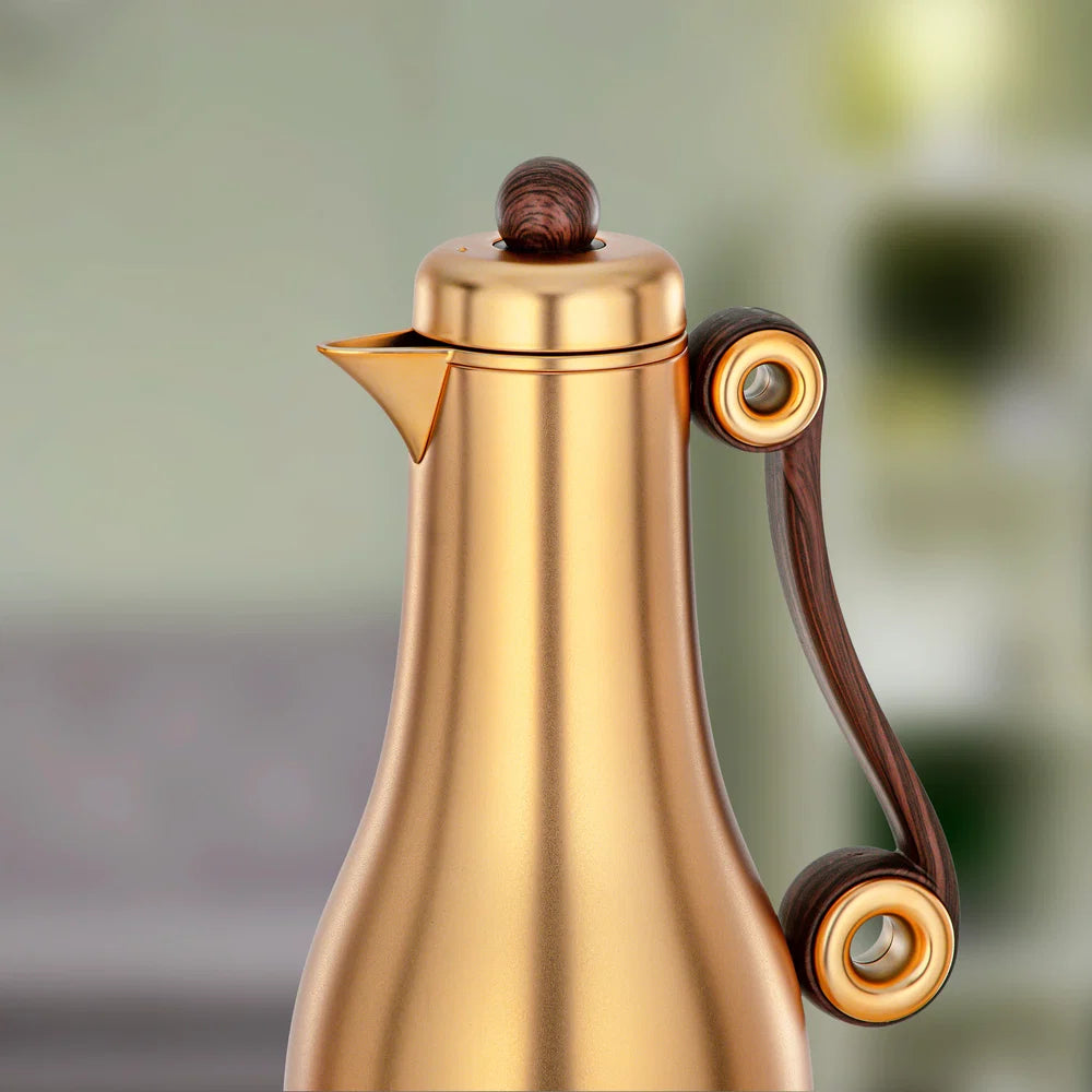 Almarjan 2 Pieces Vacuum Flask Set, Matt Gold & Dark Wood