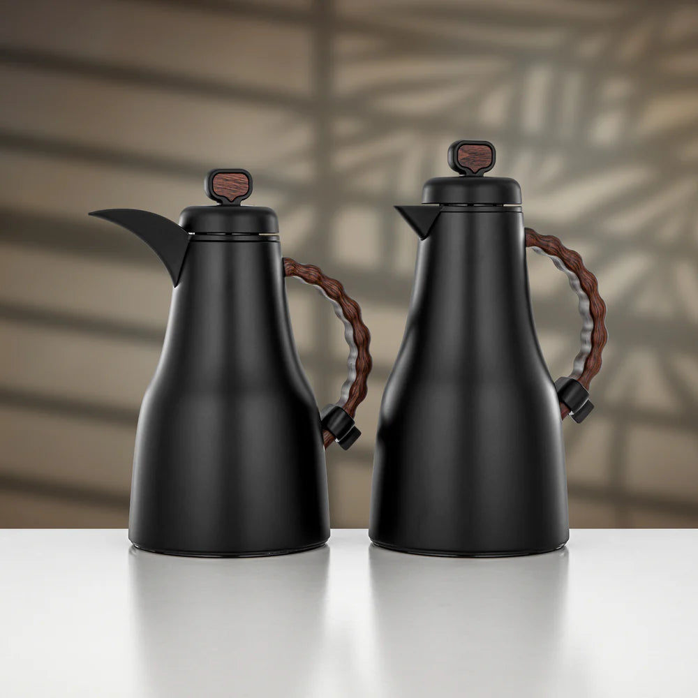 Almarjan 2 Pieces Vacuum Flask Set, Black & Dark Wood