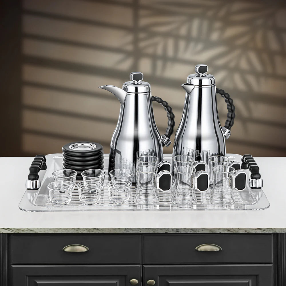 Almarjan 21 Pieces Tea & Coffee Set, Brushed Silver & Black