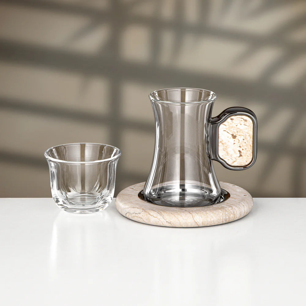Almarjan 21 Pieces Tea & Coffee Set, Gun Black & Travertine Marble