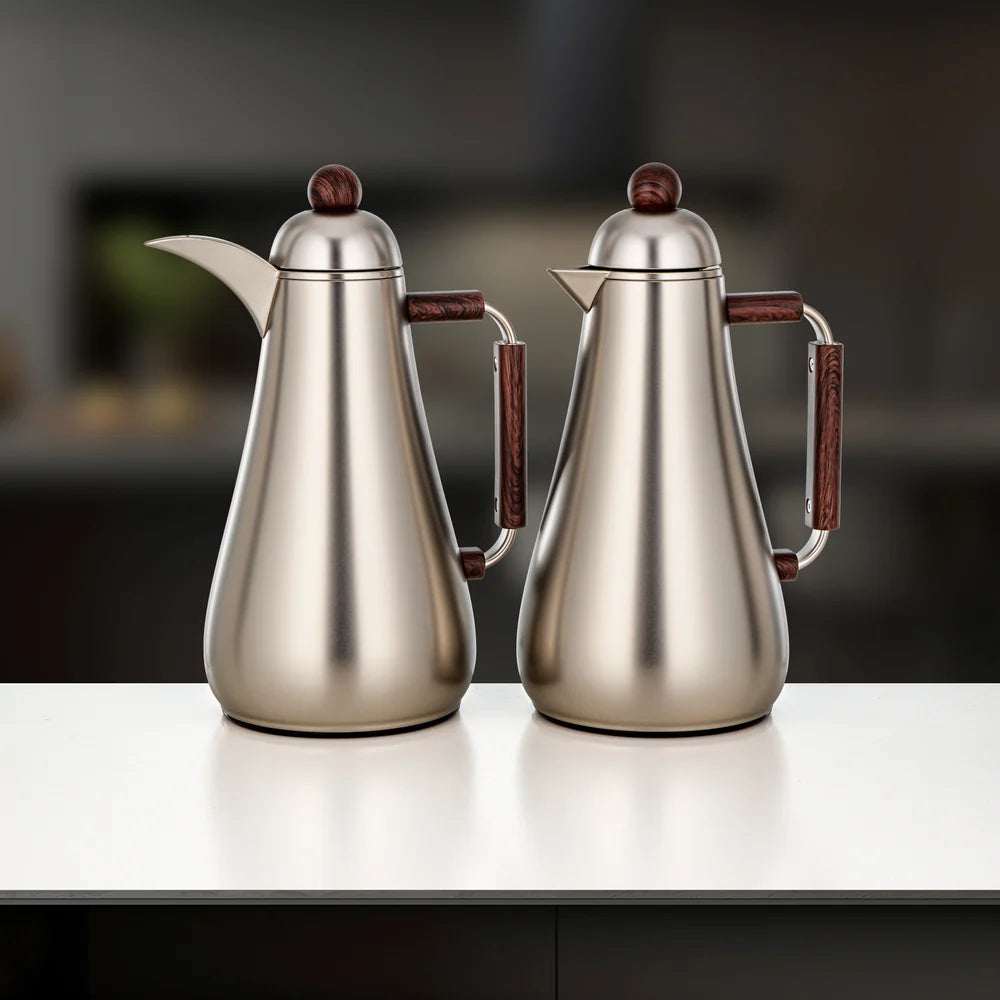 Almarjan 1 + 1 Ltr Vacuum Flask Set, Matt Nickel & Dark Wood