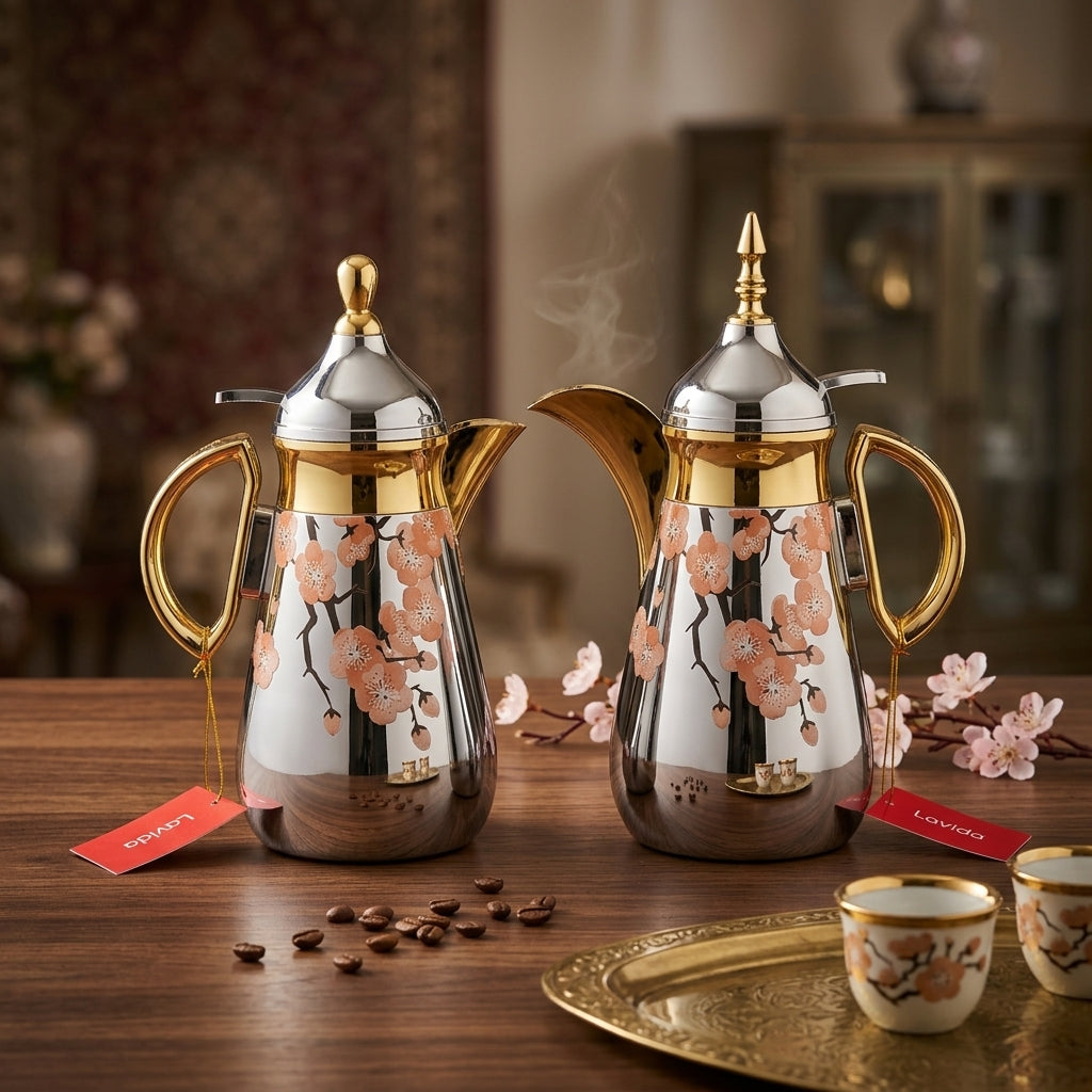 Lavindar Vacuum Flask Set, 2 × 1 Litre, Silver with Gold Accents and Floral Design