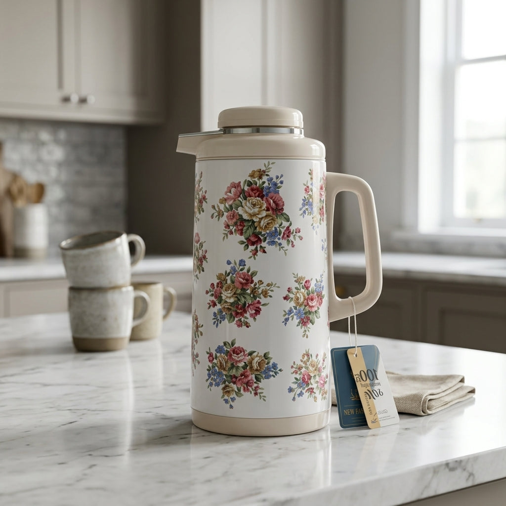 HB Vacuum Flask Set, 1 Litre + 1.3 Litre, White Floral Design